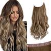 SARLA Extension per capelli con filo invisibile, con 3 clip, corte, 35,5 cm, capelli sintetici ondulati e ricci, da donna, regolabile, trasparente, castano cenere/biondo cenere