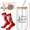 Leonshco Bicchieri Natalizi Vetro con Coperchio e Cannucce, 6 Pezzi Bicchieri Natale Da 500 Ml con Spazzola per La Pulizia, Portachiavi, Biglietto di Auguri, Utilizzabili Come Succhi