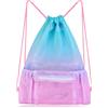 Nidoul Borsa a rete con coulisse con tasca con cerniera, borsa da spiaggia per attrezzi da nuoto, palestra, borsa per adulti e bambini, Rosa e blu., 38 * 50CM, Zaino daypack