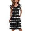 MOLERANI Donne Abiti Estivi Increspature Manica A V Collo Casuale Swing Elastico Vita Midi Abito con Tasche Striscia Ondulata Nera M