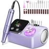 Urbuti Fresa per Unghie Professionale 45000 giri,12 testine di levigatura,Display LCD touch control,Manopola in cristallo,Lima per unghie portatile per unghie in acrilico e gel (Viola chiaro)