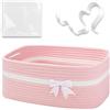 ZephyrHome Cestino Portaoggetti Intrecciato Rosa con Fiocco Decorativo, Cesto Regalo Vuoto per Baby Shower, Compleanni, Pasqua, Cameretta, Fasciatoio - Cestino in Corda di Cotone con Manici, 34×15×25 cm