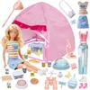 Carreuty 35 pezzi vestiti per bambole tenda da campeggio da viaggio compatibile con Barbie, 1 tenda, 4 vestiti, 12 set di giocattoli per cibo da picnic, 15 accessori per esterni, 2 scarpe per bambole da 29 cm