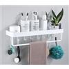 AJINGELA Scaffale sospeso da parete in metallo, bianco, mensole da bagno salvaspazio, antiruggine, extra forte, con 6 ganci e barra porta asciugamani (40 cm)