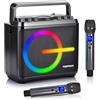 TOMPROAD Macchina per karaoke, altoparlante Bluetooth con 2 microfoni wireless, sistema PA portatile per adulti e bambini con luci LED, regolazione dei bassi/acuti, scheda TF/USB, REC per feste a casa(nero)