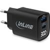 InLine Caricatore USB a 2 porte, display digitale con consumo di energia attuale, 1 USB-C + 1 USB A, GaN, 30 W, caricatore rapido, PD3.0, QC3.0, alimentatore per iPhone/Pro/Mini, Samsung e altro
