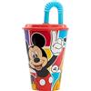 Disney Bicchiere rosso e azzurro per bambini in plastica Mickey Mouse Topolino 430 ml con cannuccia e coperchio flessibile