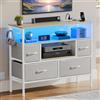 YITAHOME Cassettiera con prese e luci a LED, cassettiera in tessuto con 4 cassetti e 2 ganci, adatta per TV fino a 32 pollici, cassettiera in tessuto per camera da letto, soggiorno, ufficio, grigio