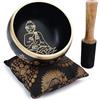 Ajuny Ciotola Tibetana Buddista - Buddha Seduto - Suono di Meditazione Campana OM Nera - Diametro 4 Pollici per Accessori per Rilassamento e Meditazione - Bastone e Cuscino Inclusi