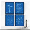 Nacnic set 4 Stampe artistiche sfondo blu brevetto elica, ancora, timone, barca a vela. Manifesti con invenzioni e vecchi brevetti. Sport acquatici ed equipaggiamento tecnico.