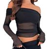 IBAKOM Maglia sexy da donna a rete con spalle scoperte, in rete trasparente, a maniche lunghe, in tulle, per Causal Rave Party Club, Nero , L