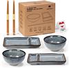 Urban Lifestyle Set Sushi per 2 Persone Set Piatti Sushi in Ceramica Blu Marino con Smalto Reattivo, 2 Piatti, 2 Ciotole per Riso Sushi e Zuppa Miso, 2 Paia Bacchette Sushi Bambù MISAKI (Grigio Blu)