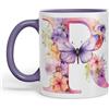 Vixar Tazza con lettera R, fiori e farfalle, con monogramma dell'alfabeto e monogramma in ceramica colorata per tè, caffè, hot brew, 330 ml, idea regalo (viola)