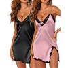 Ekouaer Camicia da Notte Due Pezzi in Raso Donna Seta Sexy Scollo a V Senza Maniche Babydoll Estiva Intimo Lingerie Spalline Regolabili, Nero + Rosa, M