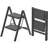 DIAMONDFORGE Scala a 2 gradini, sgabello pieghevole con ampio pedale antiscivolo, piedini antiscivolo, struttura in acciaio robusta, scala in acciaio con capacità di 272 kg, per casa e ufficio, nero