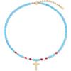 COAI Collana Turchese da Donna con Coralli e Ciondolo Croce in Acciaio Inox Placcato Oro, Collana da Donna Estiva con Perle di Acqua Dolce