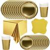 POPOYU Set di stoviglie per feste di compleanno per bambini, colore oro, 69 pezzi, piatti di carta, tovaglioli, tovaglioli, per Natale, compleanno, matrimonio, anniversario (16 ospiti)