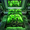 Loussiesd Gamer Set di biancheria da letto per bambini,con copripiumino e copripiumino per videogiochi,motivo fumé,motivo geometrico,colore verde,per camera da letto,con 1 federa con cerniera