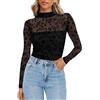 Zeagoo Top Donna in Maglia Trasparente con Rete, T-shirt a Maniche Lunghe, Sexy, per Feste, Slim Fit, Clubwear, Nero a fiori., S