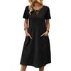 Zeagoo Abiti da Donna Abito Estivo A Maniche Corte Abito Midi in Lino Casual Tinta Unita Scollo Rotondo Elegante Abito da Spiaggia con Tasche Nero M