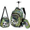 HTgroce Zaino con ruote per la scuola, trolley con 2 ruote, per bambini, ragazze, in nylon, adatto per la scuola e i viaggi, con sacchetto e astuccio., Calcio verde, 42, Sportivo, casual
