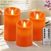 PinnWaa Candele LED in Vera Cera, Set da 3 Senza Fiamma a Colonna, Arancia | Telecomando a 10 Tasti, Timer 2/4/6/8 Ore, Funzionamento a Batteria, Luce Tremolante, Decorazione Interni, H 10/12.5/15 cm