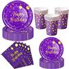 Nkaiso 50Pcs Viola Oro Piatti Carta Compleanno-10 Ospiti | 10 x 23cm & 10 x 18cm Piatti Carta Usa e Getta, 10 Bicchieri, 20 Tovaglioli - per Compleanno Feste Decorazioni