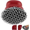Beeptrum Spazzola per padelle in ghisa, pulitore di pentole con 2 raschietti, spazzola di pulizia a catena per piatti, pentole, padelle, griglie, grill (Rosso, Anello grande)