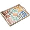 DRW Vassoio in legno decorato con fiori in giallo, rosa e blu 40x30x7 cm