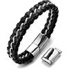 HALUKAKAH Bambini ● Solo Junior ● Bracciale Ragazzo Maschio Vera Pelle Cuoio Nero 6-12+3 Anni Catena Titanio Acciaio Argento Chiusura Magnetica Taglia Regolabile 18-19.5cm con Pacco Regalo Gratuita