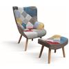 KONTE.DESIGN Poltrona HAVANA in tessuto multicolore patchwork e gambe in legno, con poggiapiedi