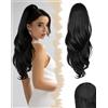 SanKristo Coda Capelli Extension con Coulisse, 66 cm Ondulata Lunga Ricci Mossi Naturale Finta Sottosquadro Posticcio Sintetico Pettine Clip Cavallo Posticci Treccia Ponytail per donna Quotidian Nero
