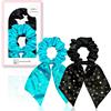 townssilk Seta Scrunchie - Set da 2 pezzi, con fiocco, 100% seta di gelso, voluminoso e delicato, certificato Oeko-Tex - nero + blu