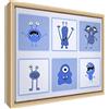Feel Good Art eco-printed e incorniciato Nursery Tela con telaio in legno massiccio naturale (34 x 24 x 3 cm, piccola, colore: blu, Monsters)
