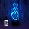 SUPERRUIDALONG Luce notturna 3D con telecomando a forma di cuore e mano, 16 colori, illusione di luce LED in acrilico