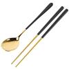 HERCHR Set di cucchiai e bacchette in acciaio inossidabile con manico lungo, Set di posate nero e oro, Bacchette e cucchiaio portatili in metallo per la casa e i viaggi