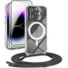 DiDaDi Custodia magnetica Cover per iPhone 12 Pro con cordino [compatibile con MagSafe] 2 pellicole protettive, 1 protezione per fotocamera in vetro, Collana con cordino regolabile (nero)