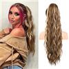FLUFYMOOZ Extension a coda di cavallo, 66 cm, con coulisse, extension per capelli da donna, capelli sintetici lunghi ricci e mossi, capelli sintetici da donna (66 cm, castano freddo con riflessi