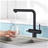 CREA Rubinetto 3 Vie Doccetta Estraibile,Rubinetto da Cucina con 2 leve, Rubinetto Miscelatore Girevole a 360°, 3 in 1 rubinetto da cucina, Rubinetto Tre Vie Per I Sistemi Osmosi, Nero Opaco