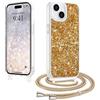 LCHULLE Cover con Tracolla Compatibile con iPhone 15 Custodia glitterata con Cordino Cover con regolabile Catena Trasparente Silicone Case per iPhone 15 Oro