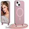 Coiwxmoi Magnetica Cover per iPhone 14 con Cordino Regolabile, [Compatibile con MagSafe] Custodia con Collana Tracolla Laccio Collo Liquido TPU Silicone Lanyard Antiurto Case, Rosa