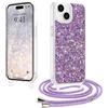 LCHULLE Glitter per iPhone 15 Cover con Cordino Regolabile,Viola | Brillantini Custodia con Tracolla, Cover glitterata con Rimovibile Catena,Glitter Transparent TPU Bumper, Silicone Case