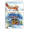 Afie 61-5673 Biglietto Buon Natale con Busta e Doratura in Oro Lucido Scintillante Scintillante Slittamento Rennes Babbo Natale Distribuzione Regali Camino che fuma Cottage Casa sotto la Neve Abeti