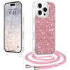 LCHULLE Cover con Tracolla Compatibile con iPhone 16 Pro Max Custodia glitterata con Cordino Cover con regolabile Catena Trasparente Silicone Case per iPhone 16 Pro Max Rosa intera
