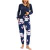 Famulily Pigiama per le Donne con Scollo a V, Bottoni, Floreale, in Cotone, a Maniche Lunghe, Pigiami da Notte Casual, Pantaloni Jogger con Tasche S-XXL, Blu, L