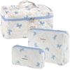 Mulaibdin 3 Pezzi Beauty Case da Viaggio Donna, Porta Trucchi da Borsa Elegante, Makeup Bag Organizer in Cotone, Carino e Portatile Borse da Toilette per Ragazze Regalo (Blu Fiocco)