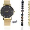 HALUKAKAH Set Orologio da Uomo Minimalista in Acciaio Inossidabile Oro - con Bracciale in Perle di Ematite Placcate Oro, Collana in Perle di Pietra Naturale Occhio di Tigre Croce, Set da 3