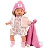 Llorens 1038572 - Bambola Lola con occhi grigi e capelli biondi, bambola con corpo morbido, vestito lavorato a maglia con berretto e coperta rosa, 38 cm