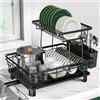 Rottogoon Scolapiatti grande a 2 ripiani in acciaio inox per bancone della cucina, resistente, con scolapiatti per vari utensili da cucina, nero