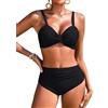 Vijamiy Costume Donna Due Pezzi Vita Alta Controllo Addominale Bikini Sexy Scollo a V Push Up Costumi Design alla Moda con Blocchi di Colore Piscina e Spiaggia(Verde Militare,XXL)
